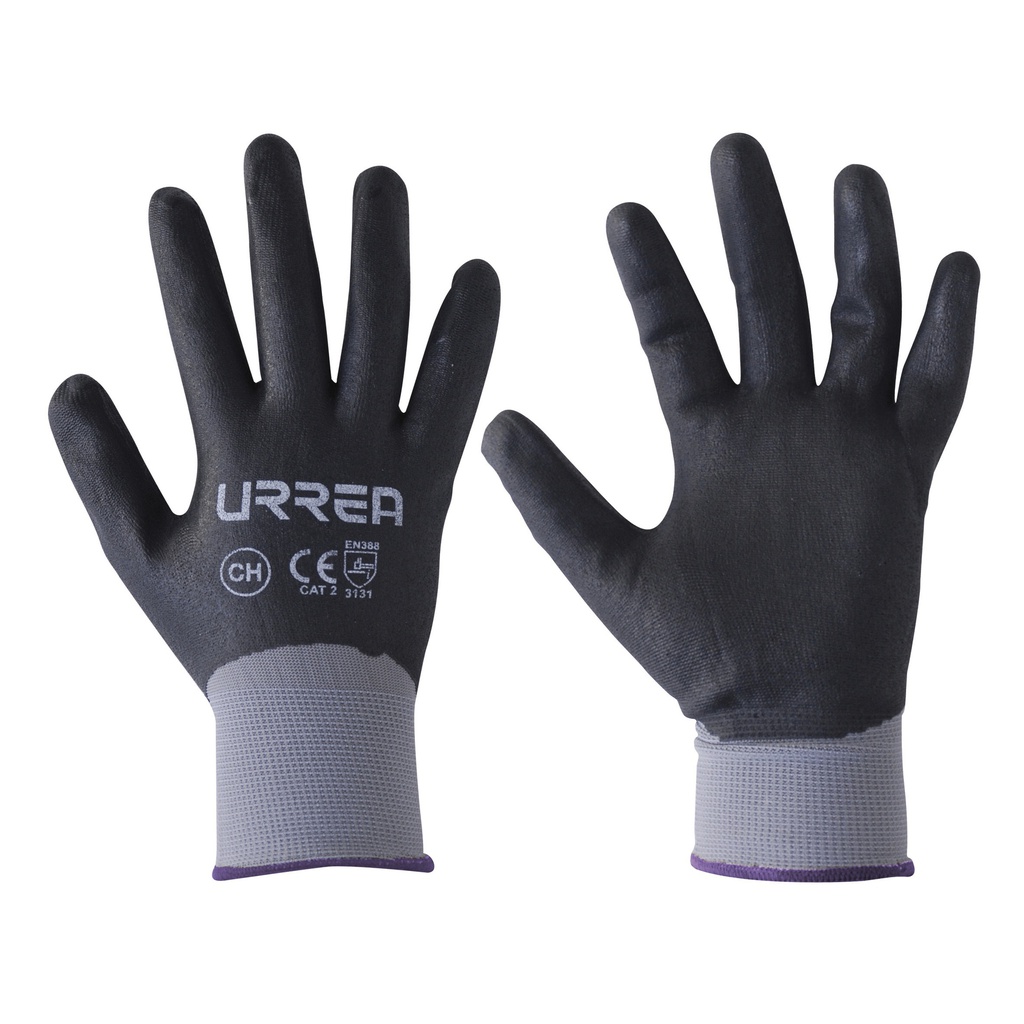 URREA Guantes de nylon con recubrimiento de poliuretano espumoso negro talla L