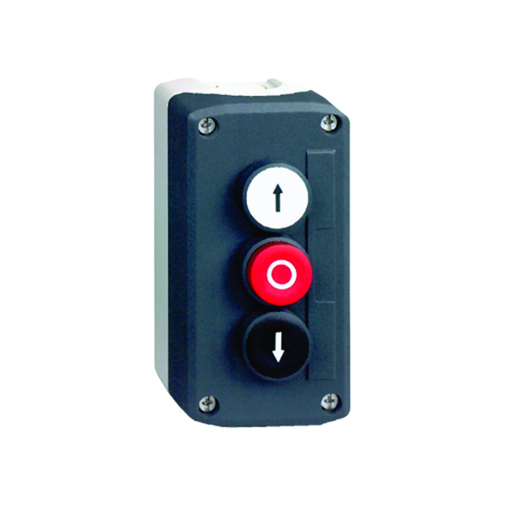 Caja de control XAL-D con 3 pulsadores, flecha arriba blanca 1 NA, rojo 'O' 1 NC, flecha abajo negra 1 NA, Harmony XALD