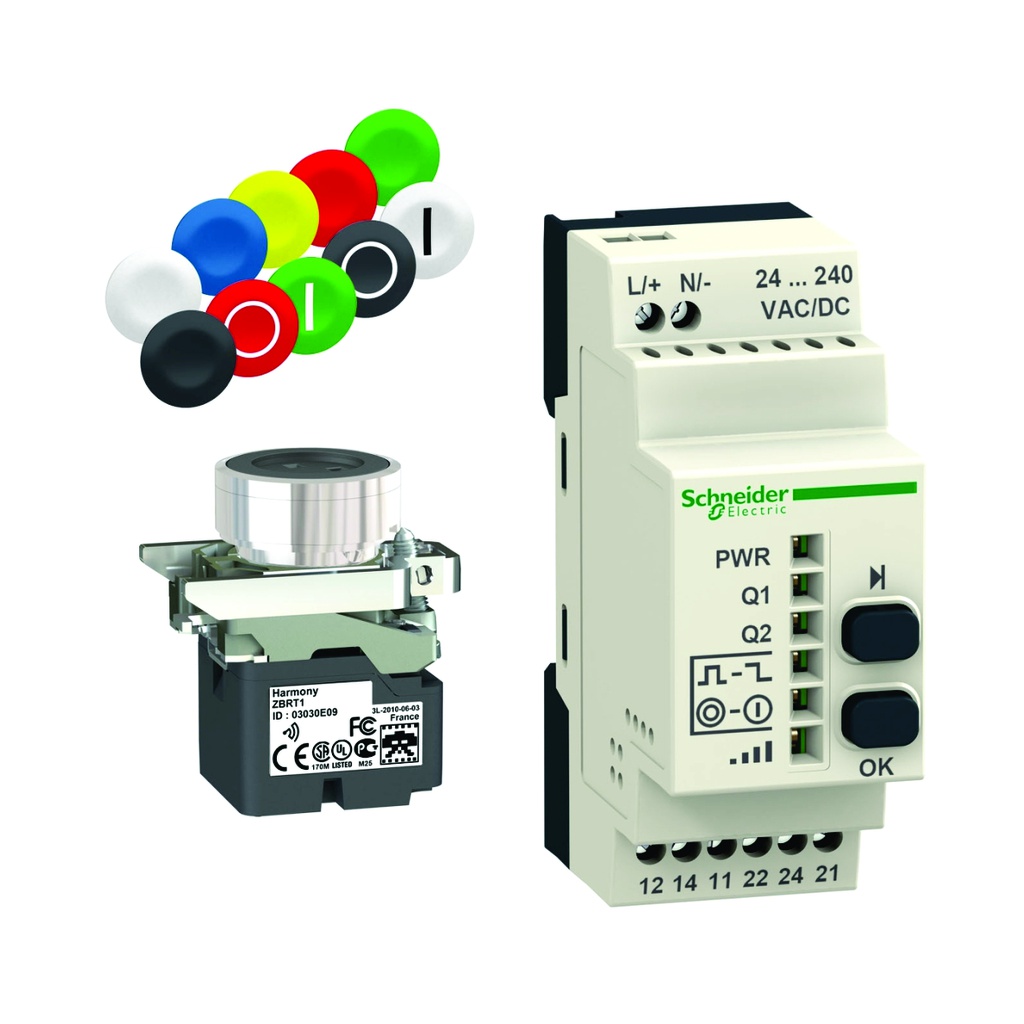 Kit programable de pulsador emisor inalámbrico con 10 colores de cubiertas y receptor metálico, 22mm, 24→240 V CA/CD, 2salidas de relé, Harmony XB4R