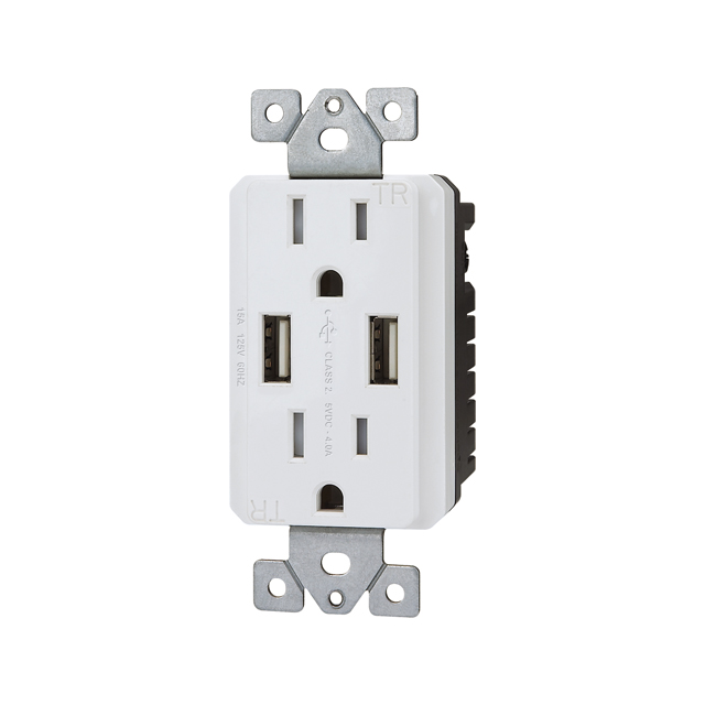 Tomacorriente doble 15A, 125V, 2 USB de 4A, blanco, UL