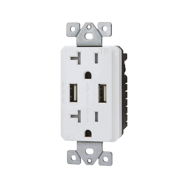 Tomacorriente doble 20A, 125V, 2 USB de 4A, blanco, UL