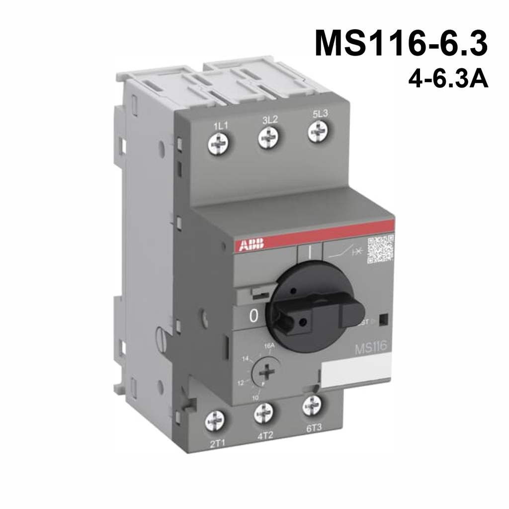 Guardamotor termomagnético MS116-6.3 con terminales de abrazadera de tornillo, 4.0→6.3A, 3P, 2.2kW, 208→690VCA, -25→+55°C, 60HZ