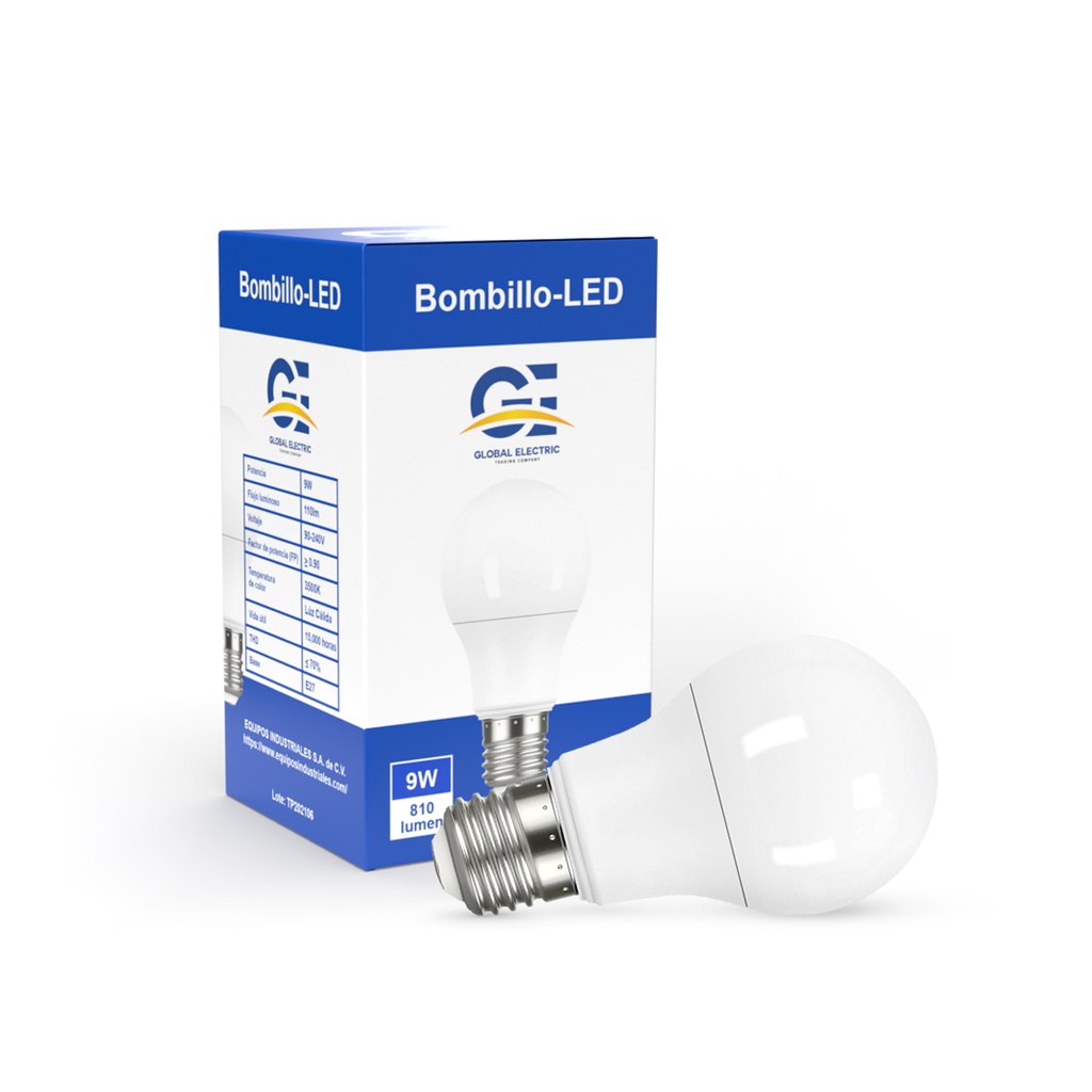 Bombillo LED A60, 9W, 810Lms, 90-240V, 5000K, 15,000hrs, E27, CE