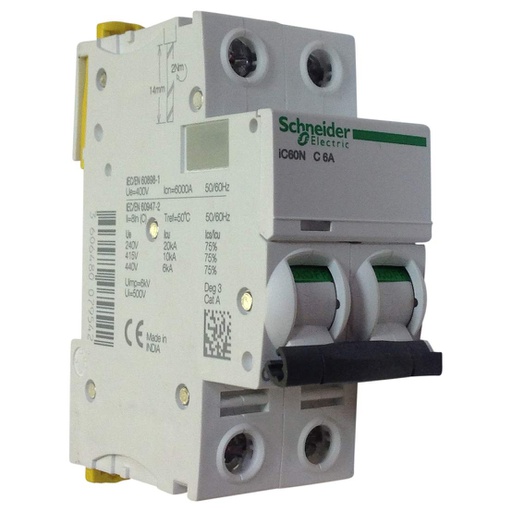 [DIS.01.1052] [A9F74206] Breaker termomagnético para riel DIN iC60, A9F74206, 2P, 6A, 230/440Vac, C curve