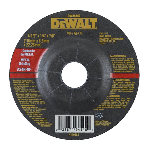 [HER.08.099] [DW44540] DEWALT Disco de corte y desbaste para metal de 4½"x¼"x7/8"