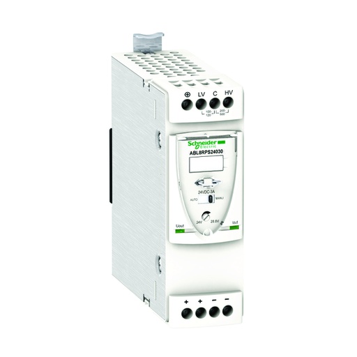 [AUT.01.399] [ABL8RPS24030] ABL8RPS24030 Fuente de alimentación modo conmutador regulado para riel DIN, 1 o 2 fases, 3A, 200-500V AC, 24V