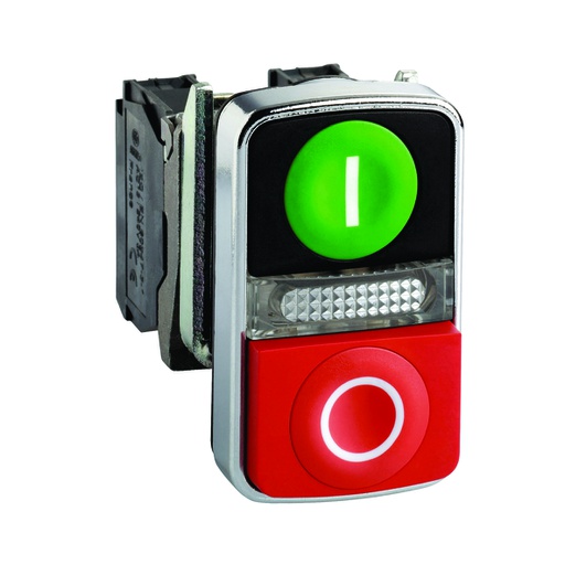 [AUT.04.124] [XB4-BW73731M5] Pulsador doble iluminado LED integrado, verde rasante/rojo saliente, luz blanca, 22mm, 1NA + 1NC, 240V, IP66, Harmony XB4