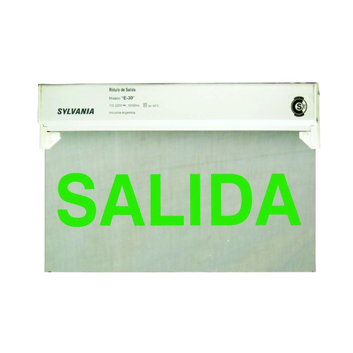 [ILU.01.1196] SYLVANIA Rótulo de salida LED E-30G UL, letras color verde "SALIDA", 120/277V