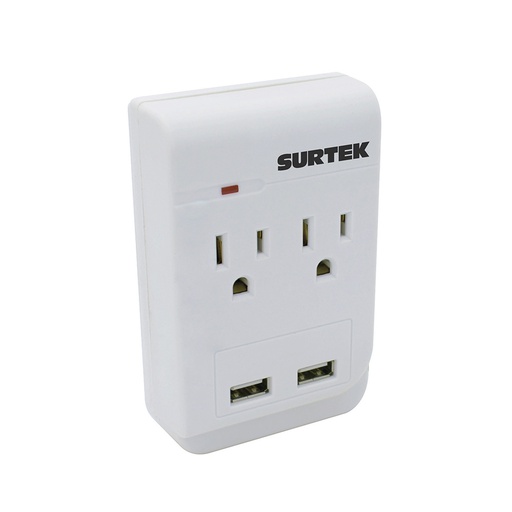 [COM.01.393] [136205] SURTEK Centro de carga de pared para 2 USB y 2 tomacorrientes con supresor de picos de voltaje de 300J