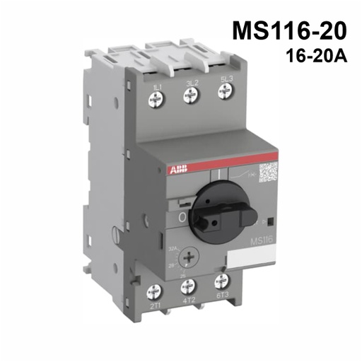 [AUT.01.029] [1SAM250000R1013] Guardamotor termomagnético MS116-20 con terminales de abrazadera de tornillo, 16→20A, 3P, 7.5kW, 208→690VCA, -25→+55°C, 60HZ
