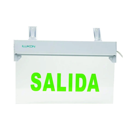 [ILU.08.069] [67300158A] ILUKON Rótulo de salida LED, letras verdes "SALIDA", 100/277V, housing blanco, acrílico transparente, 90 minutos de autonomía
