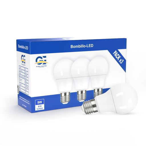 [ILU.06.1007] [GET-LED-A60-9-5KX3] Bombillo LED A60, 9W, 810Lms, 90-240V, 5000K, 15000hrs, E27, CE, paquete3 unidades